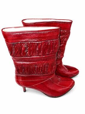 Vintage ALBABA Genuine Eel Skin Handmade Burgundy Boots Korea Women's 8